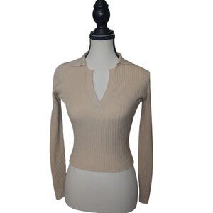 VRG GRL Ribbed Collared Knit Top | Neutral Beige Long Sleeve Minimalist Sweater